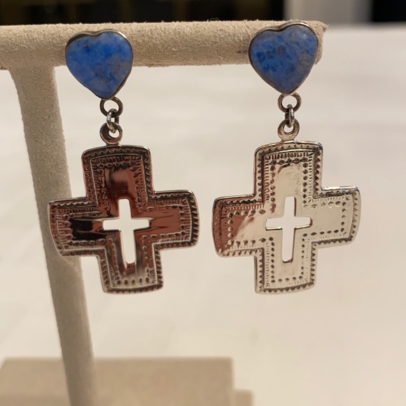 Sterling Silver Western Preppy Cross Earrings Blue Stone Hearts 925 Stamp - Picture 1 of 5
